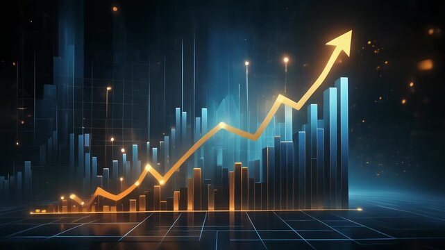 Uptrending stock market graph with rising arrow and financial data visualizations against a dark, futuristic backdrop