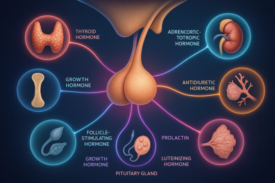 Endocrinology diagram showing pituitary gland, master control gland for endocrine system. This medical anatomy art details hormone function in biology and medicine