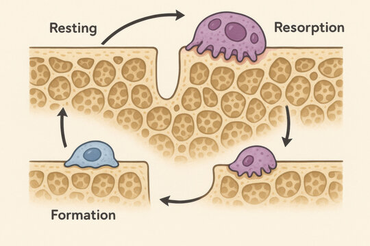 Informative medical anatomy illustration of bone remodeling cycle. This educational diagram shows osteoclast resorption and osteoblast formation for bone health and regeneration