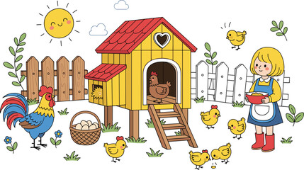 Cute Chicken Coop Farm Scene with Farmer Girl, Rooster, Hen and Chicks Cartoon Illustration © MdAlom