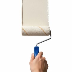 Obraz premium A person holding a paint roller with white paint on a white background isolated on white background