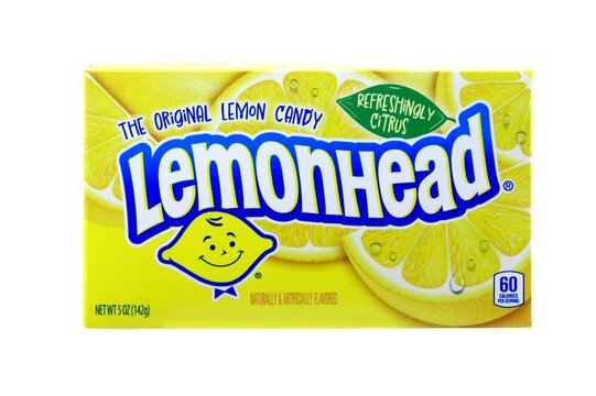 Cinema box of Lemonhead Candy. Introduced in 1962 by the Ferrara Candy Company, Lemonheads are a round lemon flavored candy