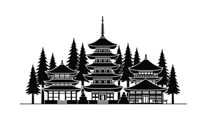 Fototapeta premium Black silhouette of a japanese pagoda temple surrounded by pine trees