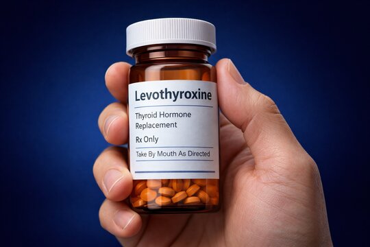 Levothyroxine prescription bottle filled with tablets, representing thyroid hormone replacement therapy, proper medication use, and clinical endocrine care.
