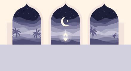 Three Islamic Arches with Ramadan Night Scenery.