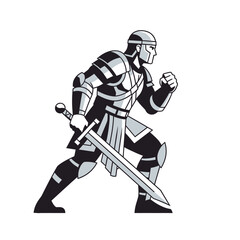 Fototapeta premium Medieval Knight Warrior In Armor With Sword Ready For Battle