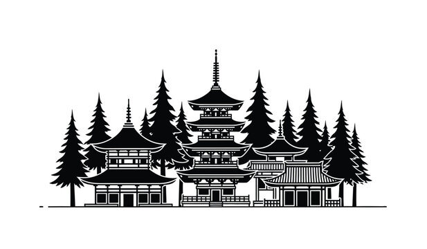 Black silhouette of a japanese pagoda temple with trees