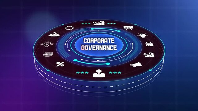 Professional corporate governance framework showing a digital circular interface with glowing compliance icons