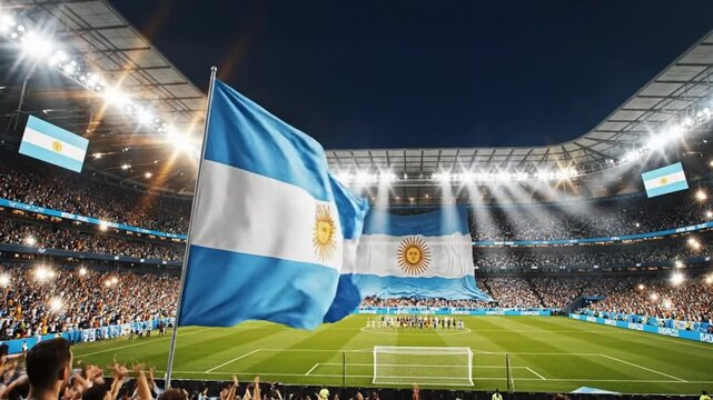 Argentina national football team flag waving in a packed stadium during a match at night with a green soccer field