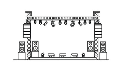 Concert stage setup with speakers and lights on a for live music performance or event
