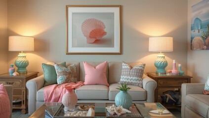 Fototapeta premium Bespoke interior design idea: vibrant lounge featuring a framed pink shell image, matching throw pillow, and nautical decor