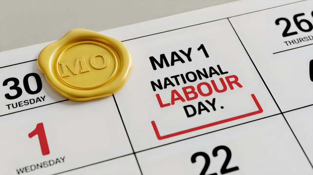 Golden seal marking may first national labour day on a calendar