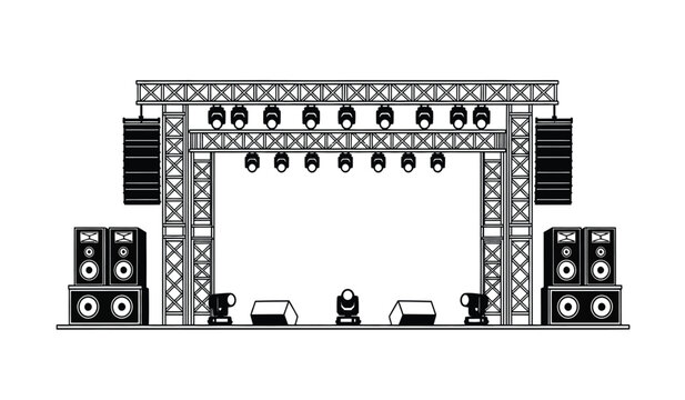 A detailed illustration of a professional stage setup with lighting and sound equipment for concerts or events