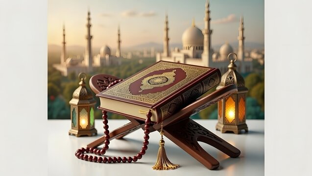 Ornate Quran on Wooden Stand with Lanterns, Islamic Holy Book & Prayer Beads, Mosque Silhouette Background, Spiritual Serenity