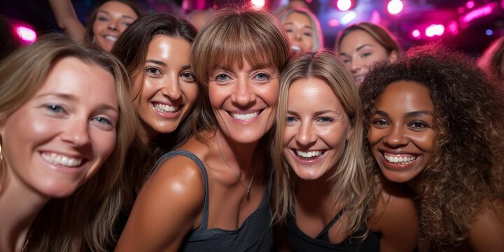 Gruppe fr&ouml;hlicher Frauen verschiedener Hautfarben auf einer Junggesellinnenabschieds JGA Party mit bunten Lichtern im Hintergrund.