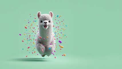Fototapeta premium Niedliches springendes weißes Lama-Plüschtier mit Konfettis auf grünem Hintergrund – 3D-Illustration