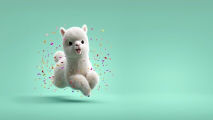 Fototapeta premium Niedliches springendes weißes Lama-Plüschtier mit Konfettis auf grünem Hintergrund – 3D-Illustration
