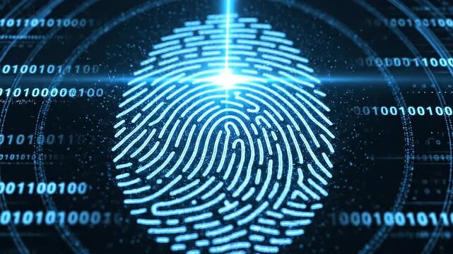 A glowing fingerprint composed of digital data and binary code.