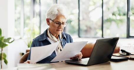 Old woman, laptop and confused in home with documents for finance, budget or glasses in living...