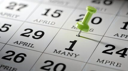 Green pushpin marking the first day of many important events on a calendar.