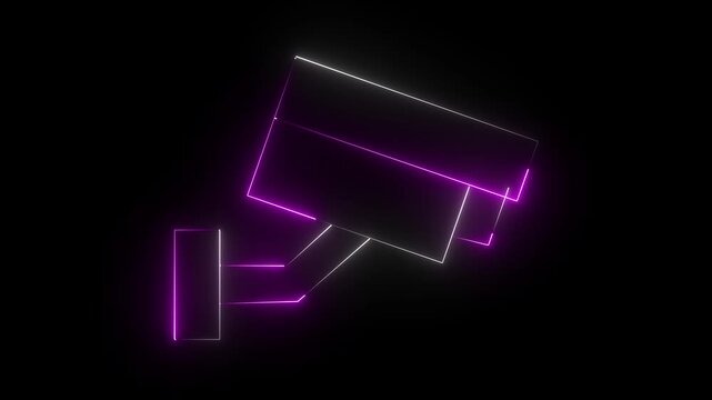 A vibrant neon white and pink color outline icon of a modern surveillance CCTV camera, symbolizing safety and digital monitoring technology, isolated on black background.  4k video
