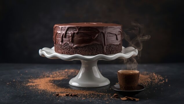 A complete chocolate cake displayed on a ceramic pedestal against a dark backdrop. Tempting holiday treat. Blurred focus