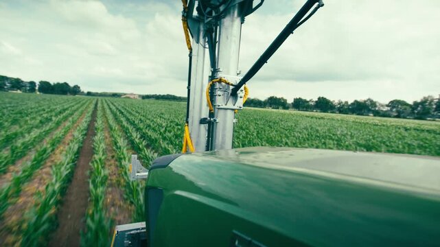 POV locked off shot from a tractor driving through green corn rows. Agricultural machinery detail visible in foreground, rural countryside in background.