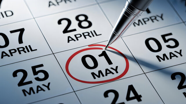 A calendar highlights the first day of may with a red circle and pen.