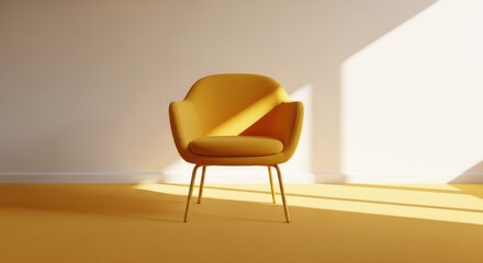 Obraz premium A bright yellow chair sitting in a room with sunlight streaming through a window