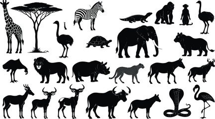 African Safari Wildlife Silhouette Vector Collection Featuring Elephant, Lion, Giraffe, Zebra, Cheetah, Rhino, and Savanna Animals for Educational Projects, Nature Logos, and Decorative Stencils © Dhanu's World