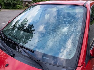 Severely cracked windshield on a parked red car