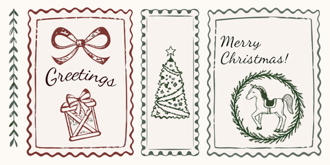 Vintage christmas postage stamps with festive illustrations and greetings © PolyRani