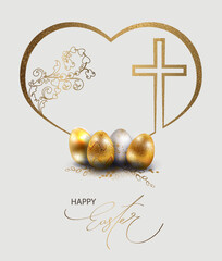 Naklejka premium Happy Easter. Isolated design element with a heart silhouette and golden Easter eggs.