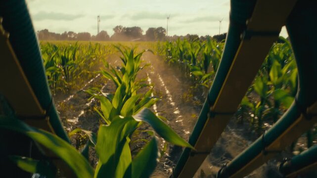 Low POV locked off shot through slurry spreader boom driving through young corn rows. Golden sunlight, liquid manure streaming onto soil, wind turbines in background.