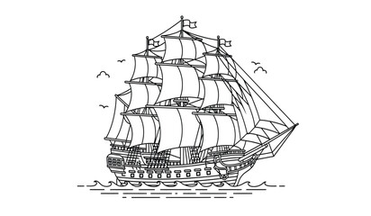 A detailed line drawing of a large sailing ship with multiple masts and sails on the water