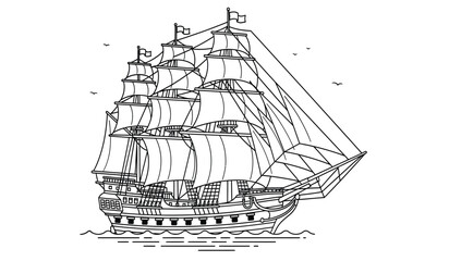 A detailed line drawing of a large sailing ship with multiple masts and sails on the water