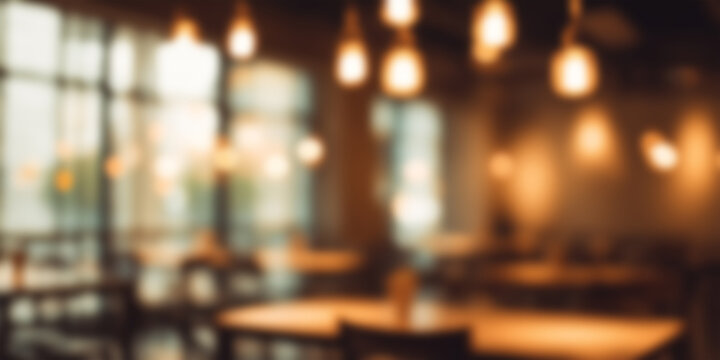 Blurred photo of a cozy coffee shop interior with warm lights and customers in the background.
