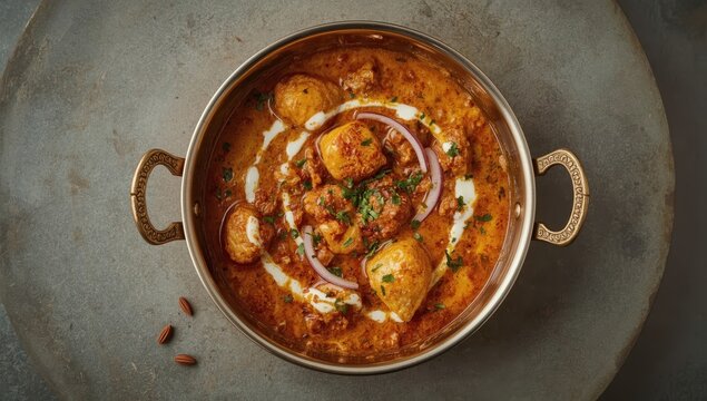 Chicken Korma in a copper pot on a gray concrete surface. Indian meat curry made with coconut milk. Asian dish