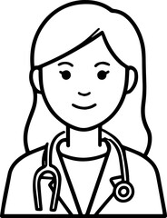 Obraz premium Hand Drawn Female Doctor Black and White Avatar Illustration in Minimal Line Art Style Design