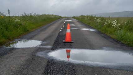 Isolated Roadway with Road Cone and Pool of Water on Asphalt Photo