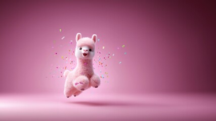 Fototapeta premium Niedliches springendes 3D-Lama in Rosa auf rosa Hintergrund – verspieltes Cartoon-Maskottchen