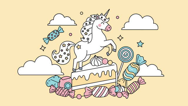 Adorable cartoon illustration of a happy unicorn leaping over a slice of cake surrounded by colorful candies, lollipops, and clouds.