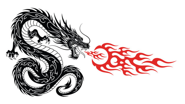 Dynamic tribal-style illustration of a fierce black chinese dragon breathing a stylized red and orange ball of fire on a white background.