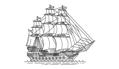 A detailed line drawing of a large sailing ship with multiple masts and sails on the water