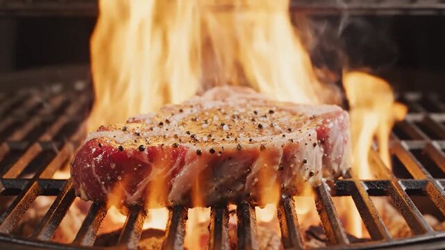 Thick cut of seasoned raw beef steak cooking on a hot barbecue grill with open
