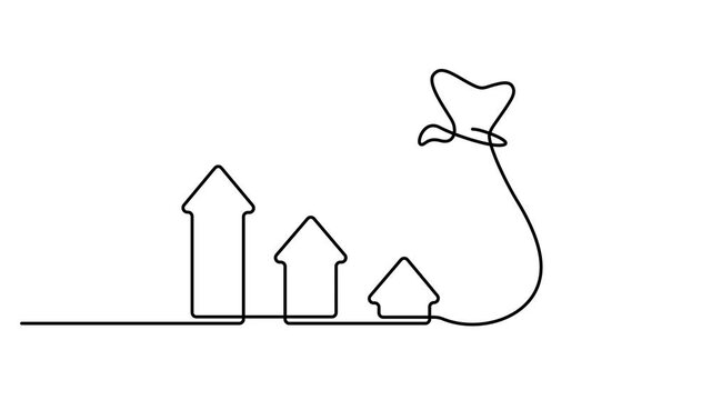 Animated self drawing of continuous line design of money sacks and diagrams. Money bag with upward arrow representing financial growth. Economic growth decline graph symbol. 4K animation video