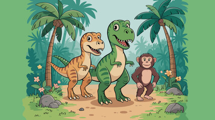 Naklejka premium Cute cartoon dinosaurs and monkey in tropical jungle landscape colorful prehistoric animals vector illustration for children storybook design