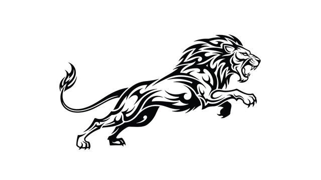 Dynamic black and white tribal tattoo illustration of a powerful roaring lion captured in a leaping or pouncing motion.