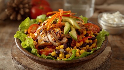 Naklejka premium Close-up of Tex-Mex Santa Fe chicken salad featuring lettuce, tomatoes, corn, black beans, peppers, and avocado on a plate