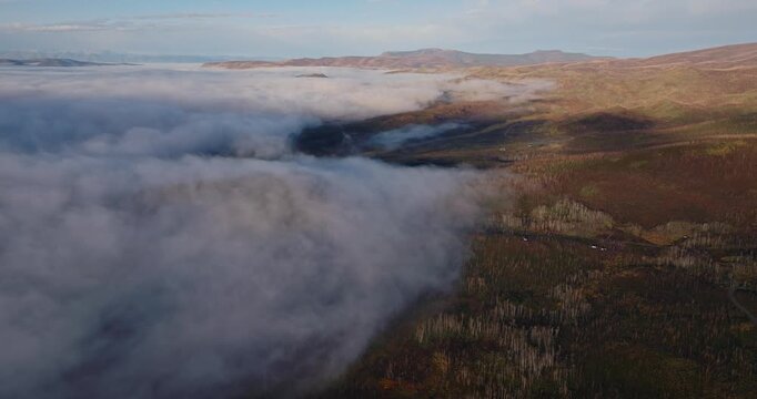 Aerial establishing dolly of campers in forested clearing near Grand Lake Colorado, fog encroaches with cloud shadows on trees